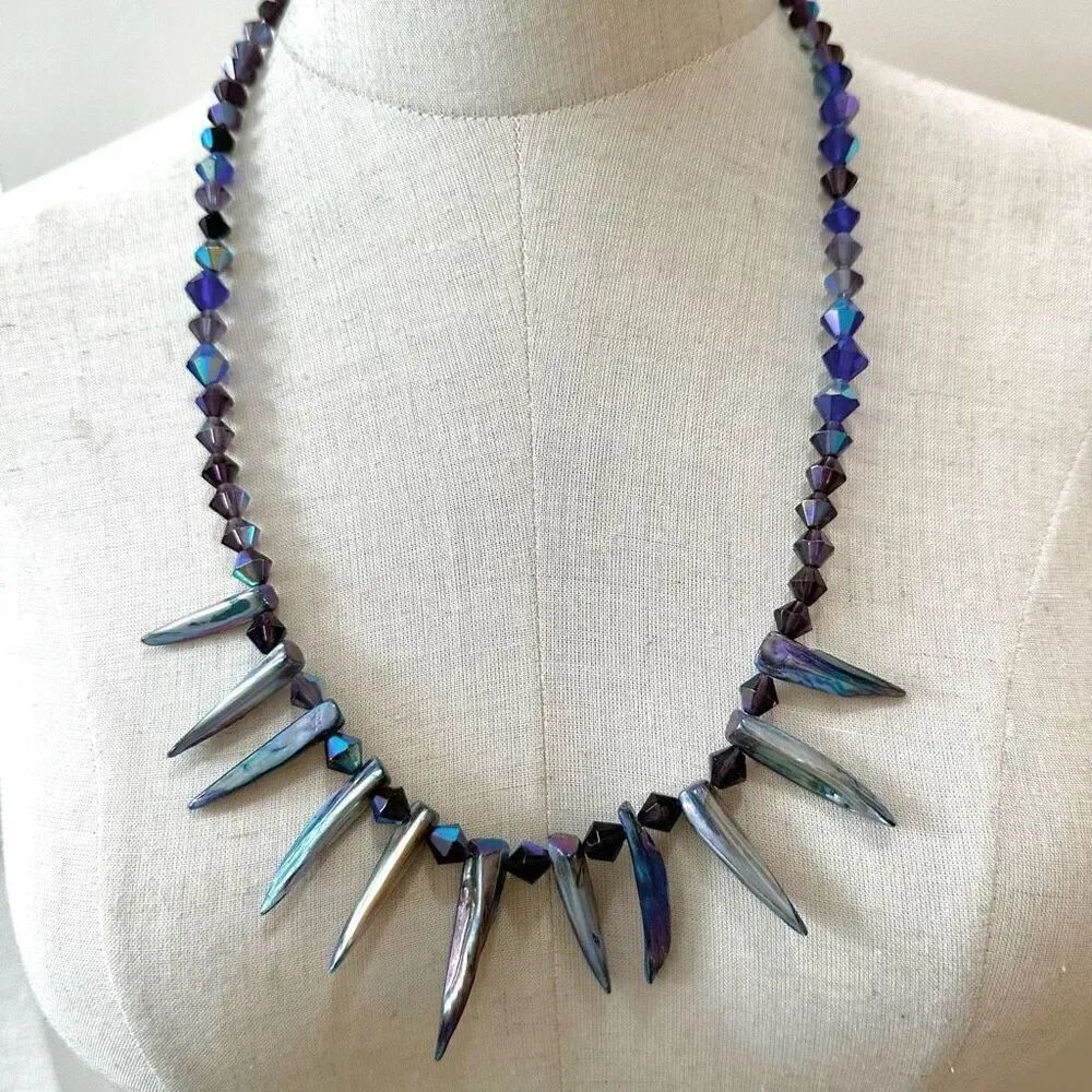 Blue iridescent beaded tribal necklace